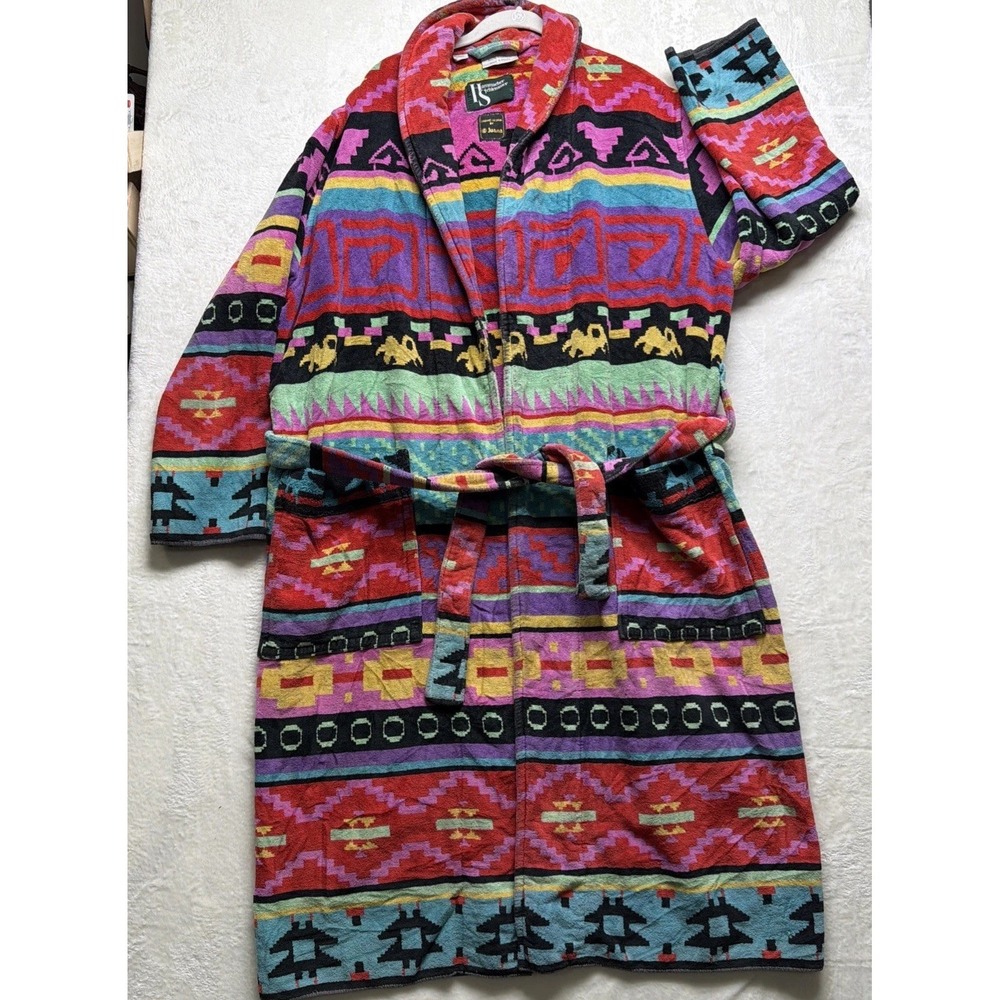Vintage Hammacher Schlemmer Southwestern Aztec Robe Belted One Size Cotton‎ - Picture 2 of 13
